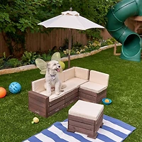 KidKraft - Ensemble modulaire extérieur en bois avec pouf, parasol et coussins, meubles de patio pour enfants, brun ours et beige