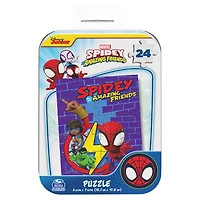 Marvel, Puzzle de 24 pièces Spidey and his Amazing Friends, Peter Miles, Gwen, produit officiel de comics de super-héros, avec boîte cadeau en métal