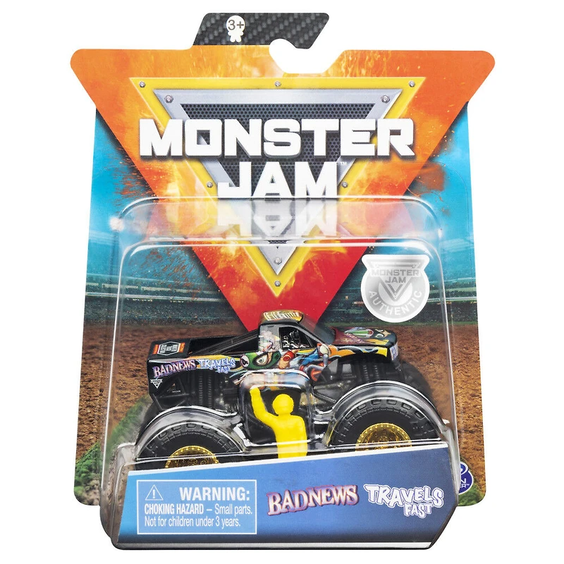 Monster Jam, Monster truck authentique Bad News Travels Fast en métal moulé à l'échelle 1:64, série Arena Favorites