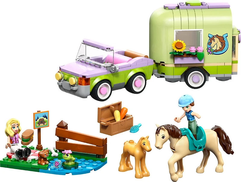 LEGO Friends La Remorque pour le Cheval et le Poulain - Jouet, avec 2 Minipoupées, un Chiot, un Cheval, un Poulain et une Grenouille - 42695
