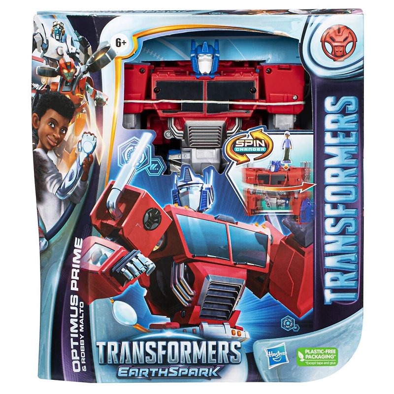 Transformers EarthSpark, figurine Spin Changer Optimus Prime de 20 cm avec figurine Robby Malto de 5 cm