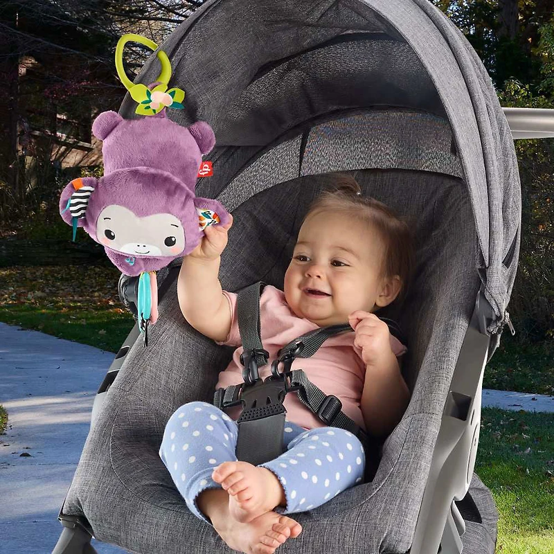 Fisher-Price Jouet pour poussette Sing & Go Singe violet en peluche sensorielle avec plis et claquements