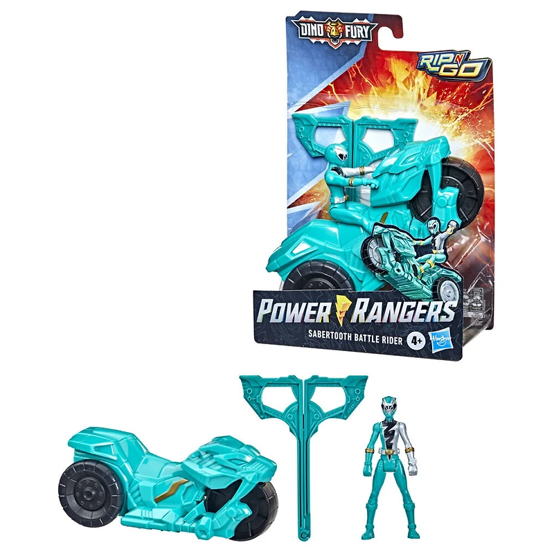 Power Ranger Dino Fury Rip N Go, Moto de combat Sabertooth et Ranger verte Dino Fury