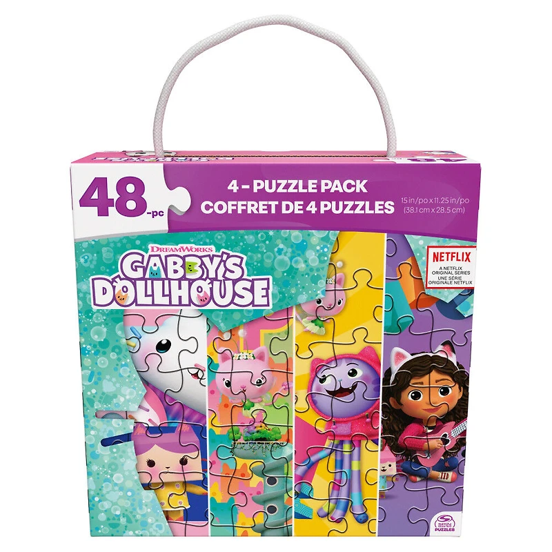 Gabby's Dollhouse, 4 Jigsaw Puzzle Bundle 48-Piece Easy Cartoon Netflix Original Show with Portable Rope Gift Box,
