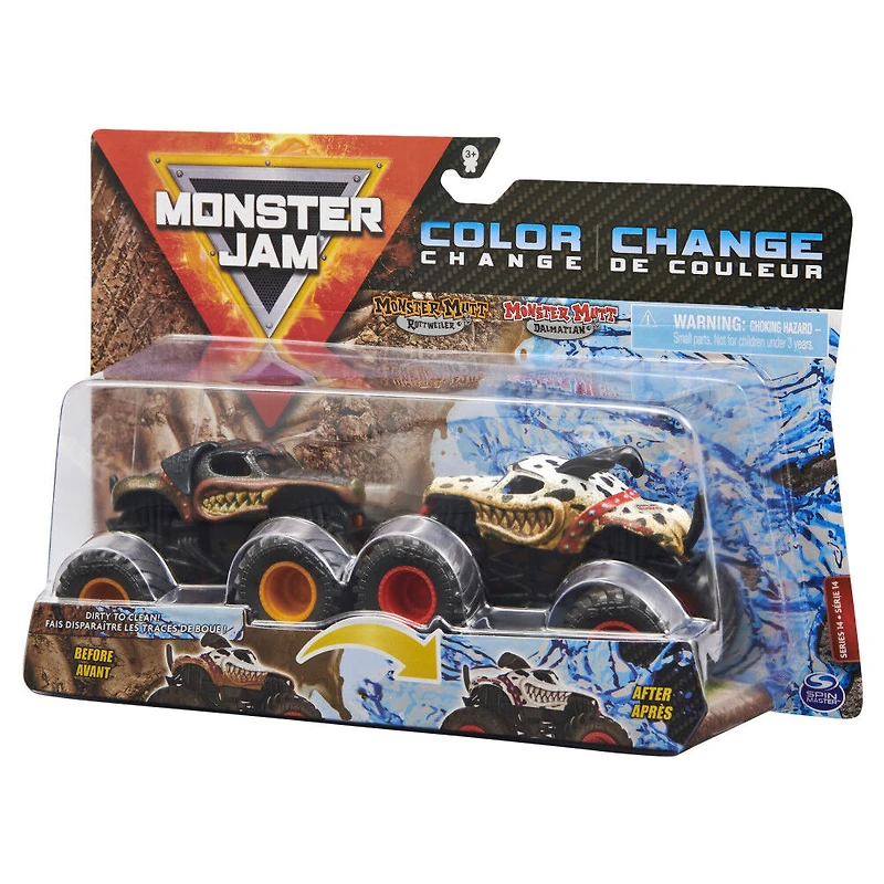 Monster Jam, Coffret de 2 monster trucks officiels en métal moulé Monster Mutt Rottweiler vs Monster Mutt Dalmatian qui changent de couleur, échelle 1:64