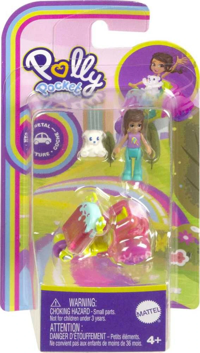 Polly Pocket Micro Doll with Ice Cream-Themed Die-cast 3-Wheeler and Mini Pet, Travel Toys