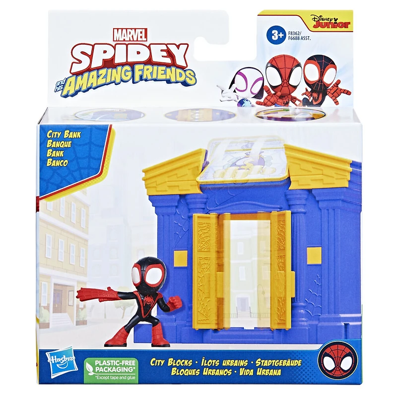 Marvel Spidey and His Amazing Friends City Blocks Miles Morales: Spider-Man City Bank, Kids Playset with Action Figure