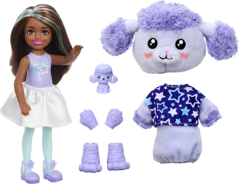 Barbie Cutie Reveal Cozy Cute Tees Series Chelsea Doll and Accessories, Plush Poodle, Brunette Small Doll