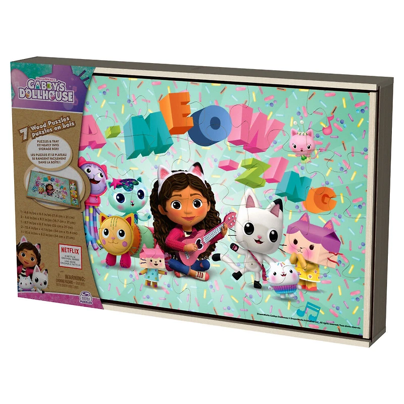 Gabby's Dollhouse, 7 Wood Puzzles Jigsaw Bundle 12-Piece 16-Piece 24-Piece Easy Cartoon Netflix Original Show with Tray