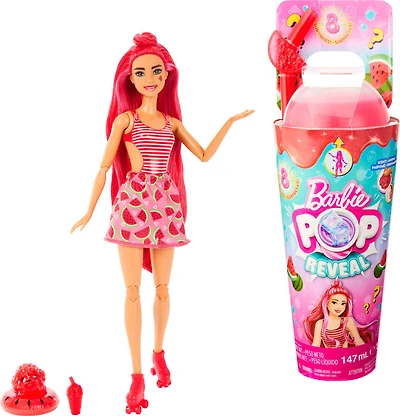 ​Barbie Pop Reveal Fruit Series Doll, Watermelon Crush Theme with 8 Surprises Including Pet & Accessories, Slime, Scent & Color Change