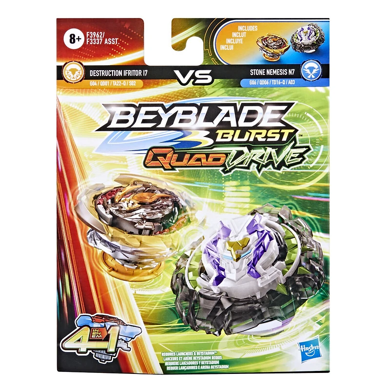 Beyblade Burst QuadDrive, Pack de 2 toupies de compétition Destruction Ifritor I7 et Stone Nemesis N7