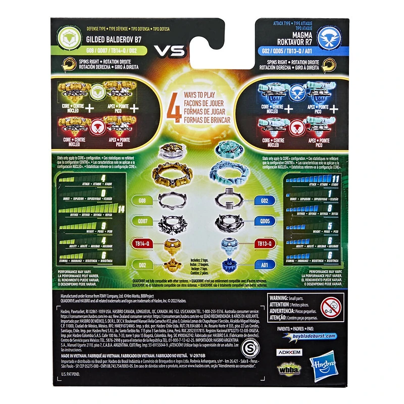 Beyblade Burst QuadDrive, Pack de 2 toupies de compétition Magma Roktavor R7 et Gilded Balderov B7
