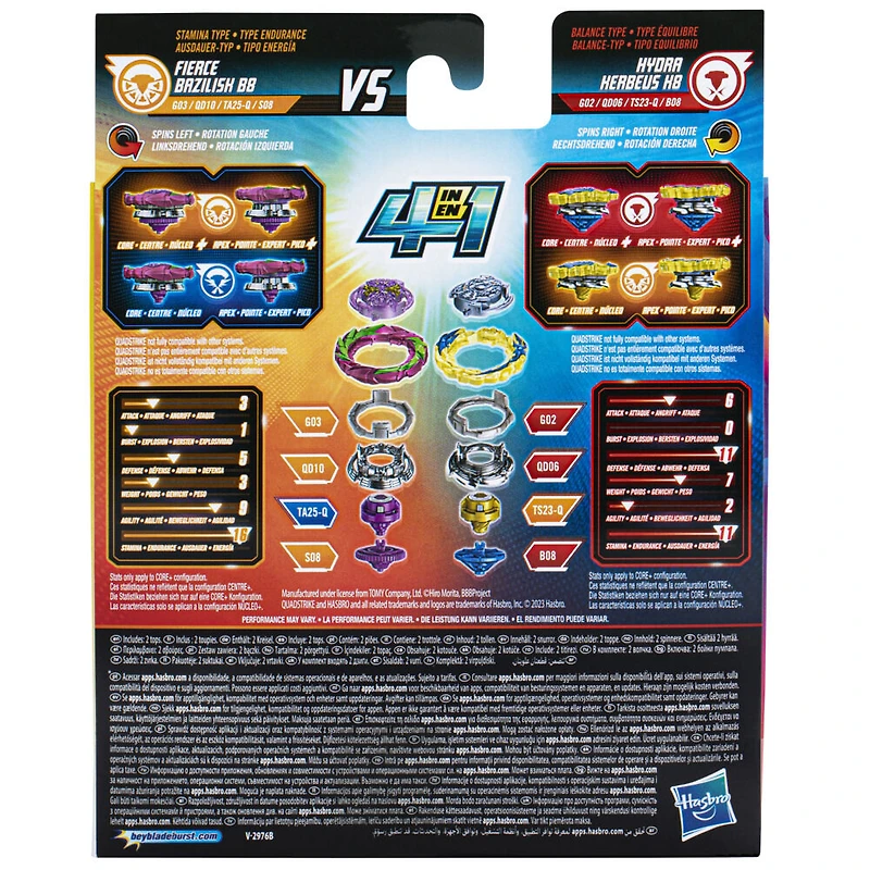 Beyblade Burst QuadStrike Dual Pack, pack de 2 toupies de compétition Fierce Bazilisk B8 et Hydra Kerbeus K8