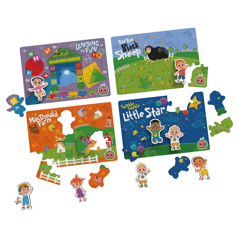 Cocomelon, Coffret de 4 puzzles en bois, Coffret cadeau de puzzles de 18 pièces chacun avec personnages interchangeables