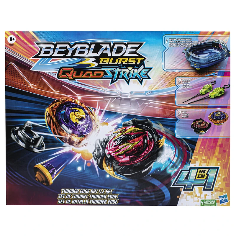 Beyblade Burst QuadStrike, set de combat Thunder Edge avec arène Beystadium, 2 toupies et 2 lanceurs
