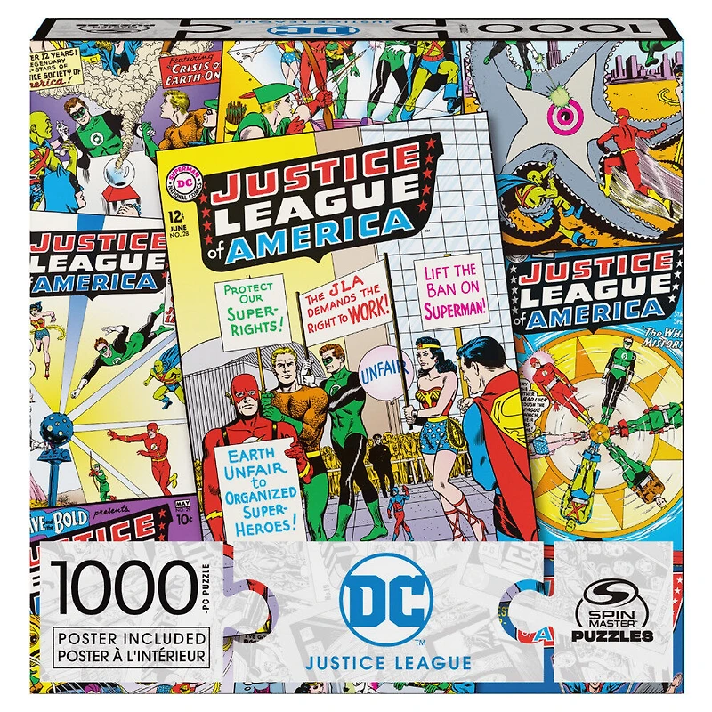 DC Comics, Justice League, Puzzle de 1 000 pièces représentant des couvertures de comics avec Wonder Woman et Superman, avec poster
