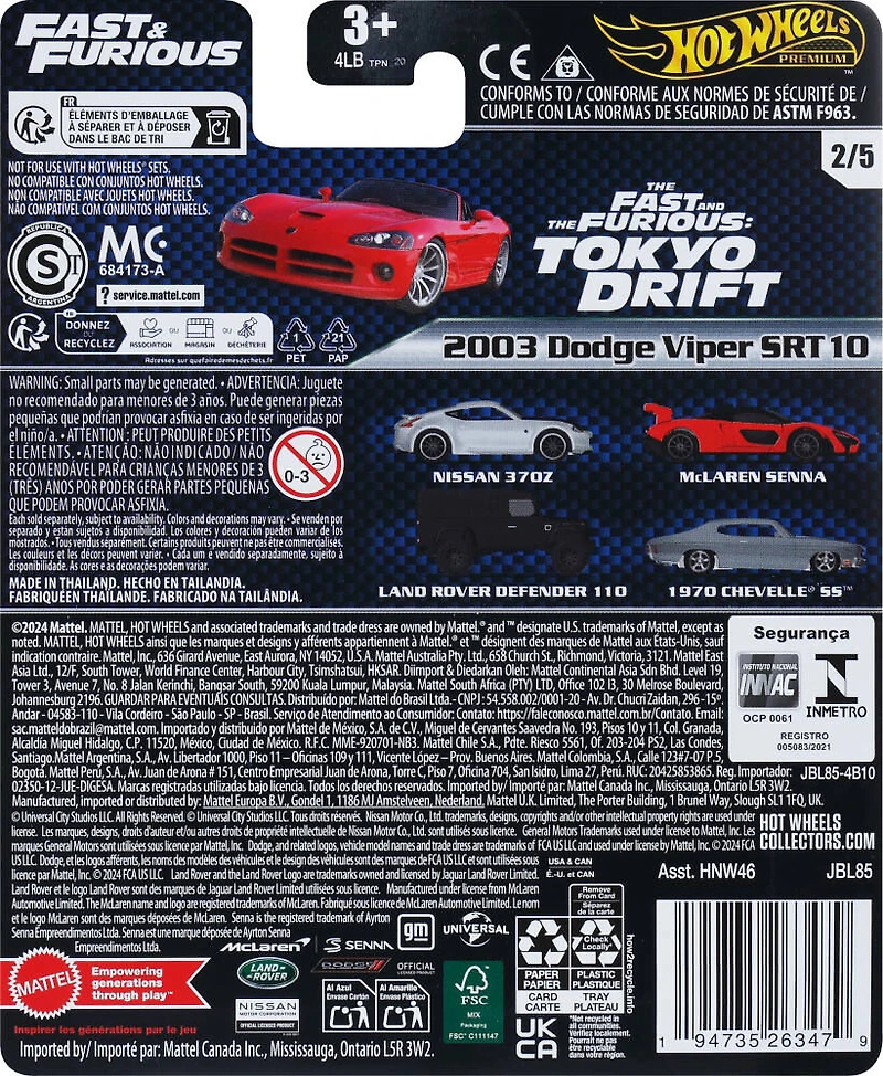 Hot Wheels Cars, Premium Fast & Furious 2003 Dodge Viper SRT10 Car pour les collectionneurs adultes