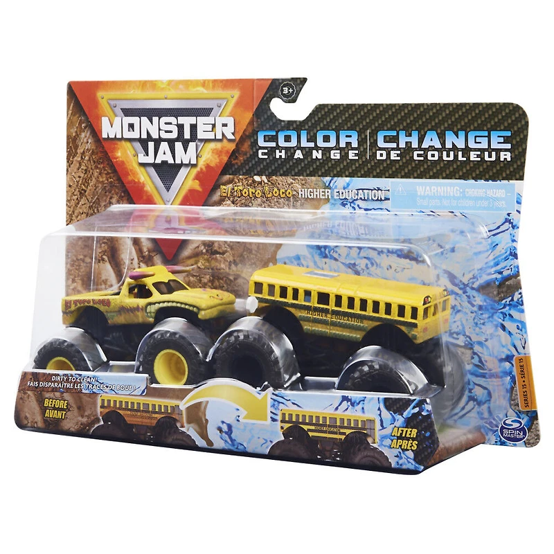 Monster Jam, Coffret de 2 monster trucks officiels en métal moulé El Toro Loco vs. Higher Education  qui changent de couleur, échelle 1:64