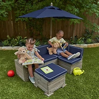 KidKraft - Ensemble modulaire extérieur en bois avec pouf, parasol et coussins, mobilier de patio pour enfants, gris bois de grange et marine