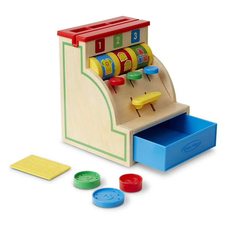 Melissa & Doug Spin and Swipe Caisse enregistreuse en bois avec 3 pièces de jeu, carte de crédit
