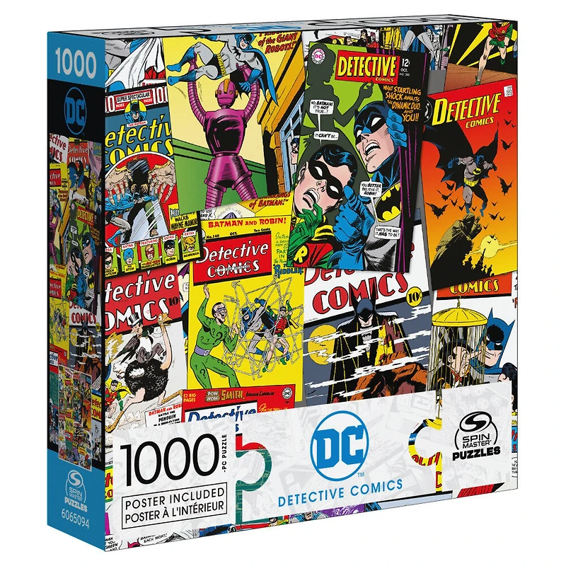 DC Comics, Detective Comics, Puzzle de 1 000 pièces représentant un collage de couvertures de comics rétro avec Batman et Le Joker, avec poster