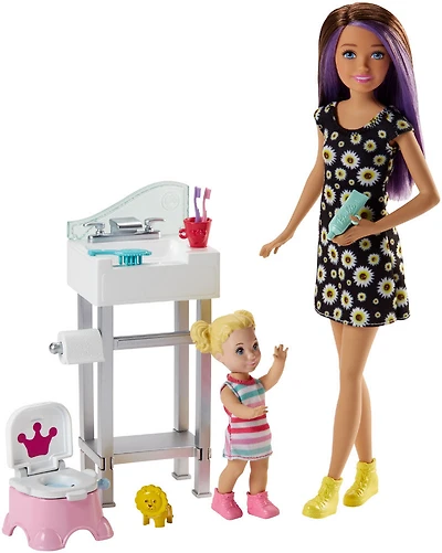 Barbie Babysitting Playset with Skipper Doll, Baby Doll, Sink, Flipping Potty Seat and Themed Accessories