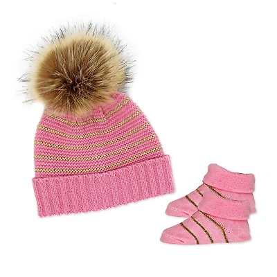 Baby Mode Coral Knit Hat & Bootie Set 0-6M