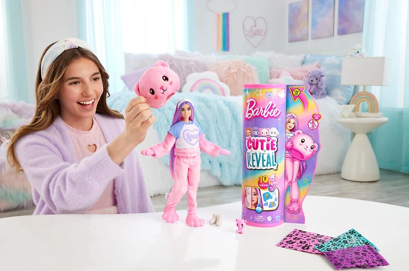 Barbie Cutie Reveal Doll and Accessories, Cozy Cute Tees Teddy Bear in "Love" T-shirt, Purple-Streaked Pink Hair and Brown Eyes