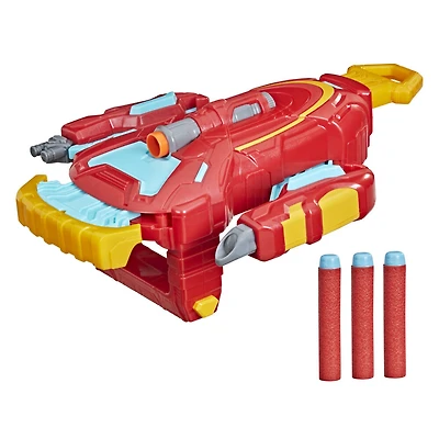 Marvel Avengers Mech Strike, Gant lance-fléchette de Iron Man, jouet de déguisement, 3 fléchettes NERF