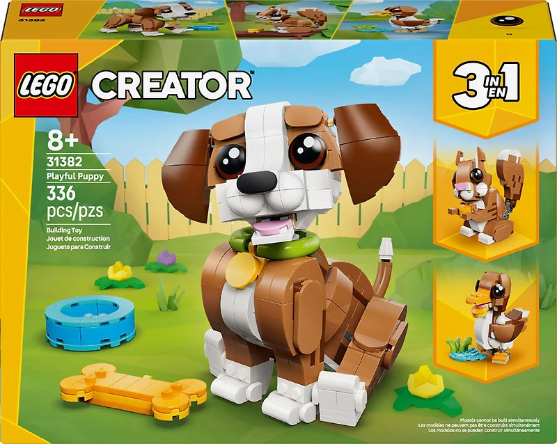 LEGO Creator 3 en 1 Les Animaux Mignons : Le Chiot Joueur, Jouets d'Animaux, Se Transforme en Écureuil ou en Canard 31382