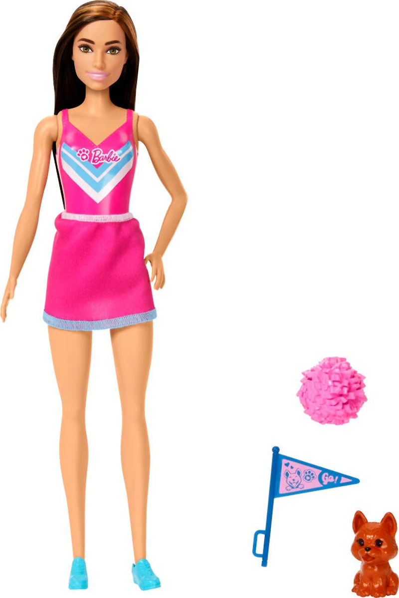 Barbie Cheerleader Fashion Doll in Cheerleader Uniform, Includes Pom Pom, Flag, and Puppy Mascot