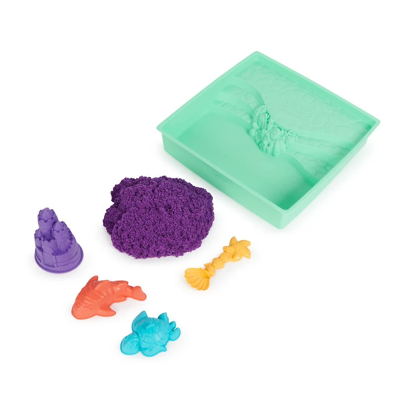 Kinetic Sand, Coffret Bac à sable, 454 g de sable violet, bac à sable, 4 moules et outils, jouets sensoriels