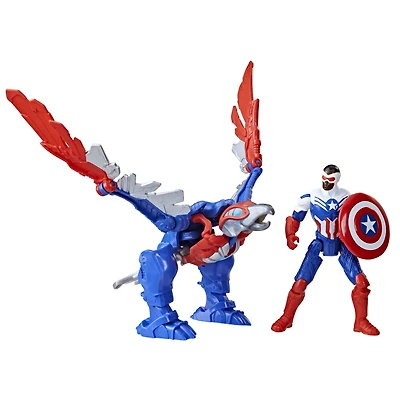 Marvel Mech Strike Mechasaurs, figurine Captain America (10 cm) avec Redwing Mechasaur