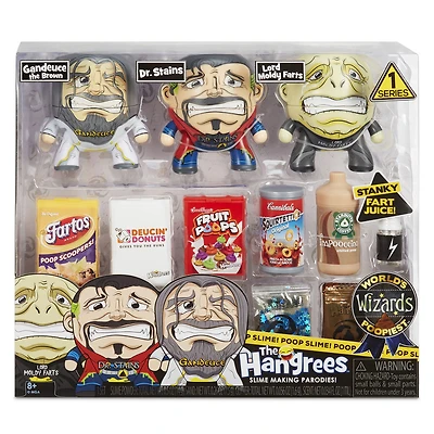 Les figurines Parodie The Hangrees World's Poopiest Wizards à collectionner, paquet de 3 avec gelée