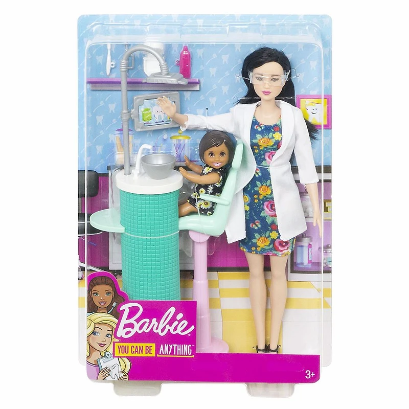 Poupée Barbie Dentiste Brune et Coffret avec Mini-Poupée Patiente, Lavabo, Fauteuil et bien plus encore