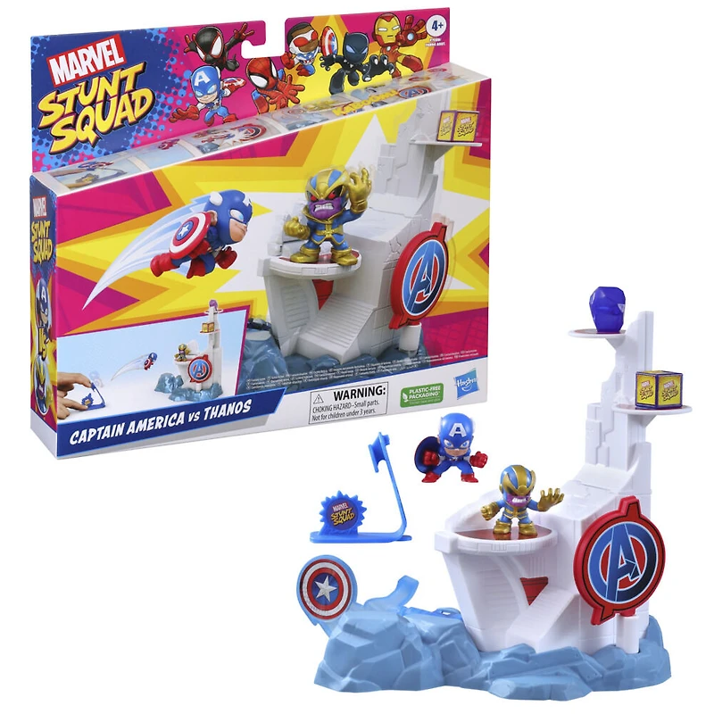 Marvel Stunt Squad, coffret Tower Smash, avec figurines Captain America et Thanos de 3,5 cm