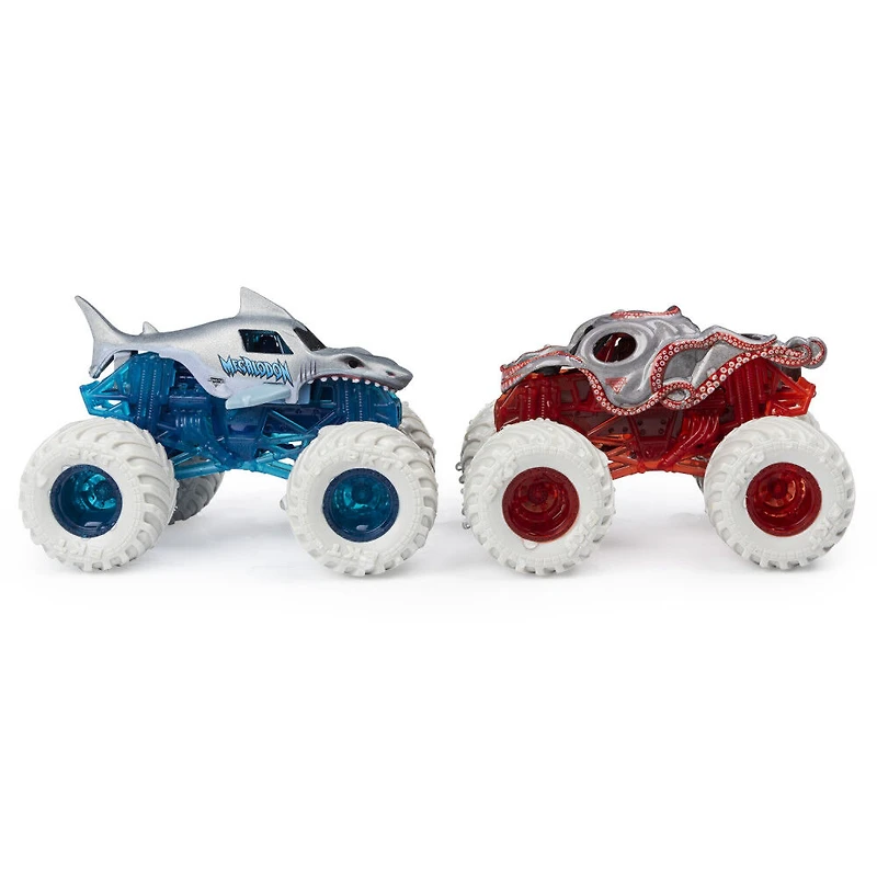 Monster Jam, Monster trucks Megalodon vs Octon8er officiels qui changent de couleur en métal moulé, échelle 1:64