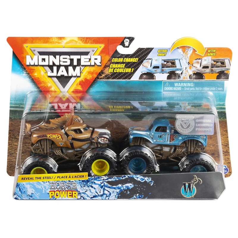 Monster Jam, Monster trucks Horse Power vs Whiplash officiels qui changent de couleur en métal moulé, échelle 1:64