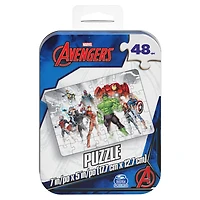 Marvel Avengers, Puzzle de 48 pièces Captain America, Iron Man, Thor, Hulk, Black Panther, Dr. Strange, Thanos, avec boîte en métal