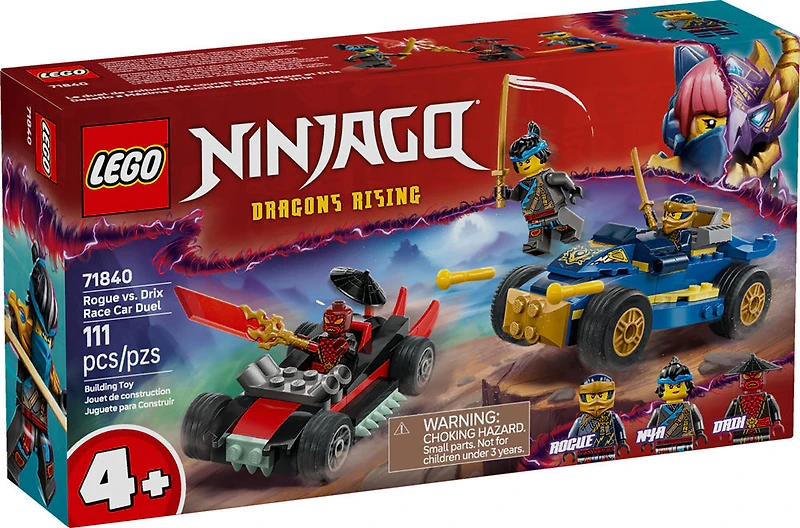 LEGO NINJAGO Le Duel de Voitures de Course entre Rogue et Drix, Ensemble de Jeu de Jouet de Ninja avec 3 Figurines Incluant Nya 71840