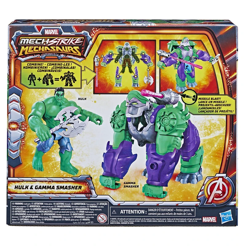 Marvel Mech Strike Mechasaurs 4.5 Inch Hulk with Gamma Smasher Mechasaur Action Figures, Super Hero Toys