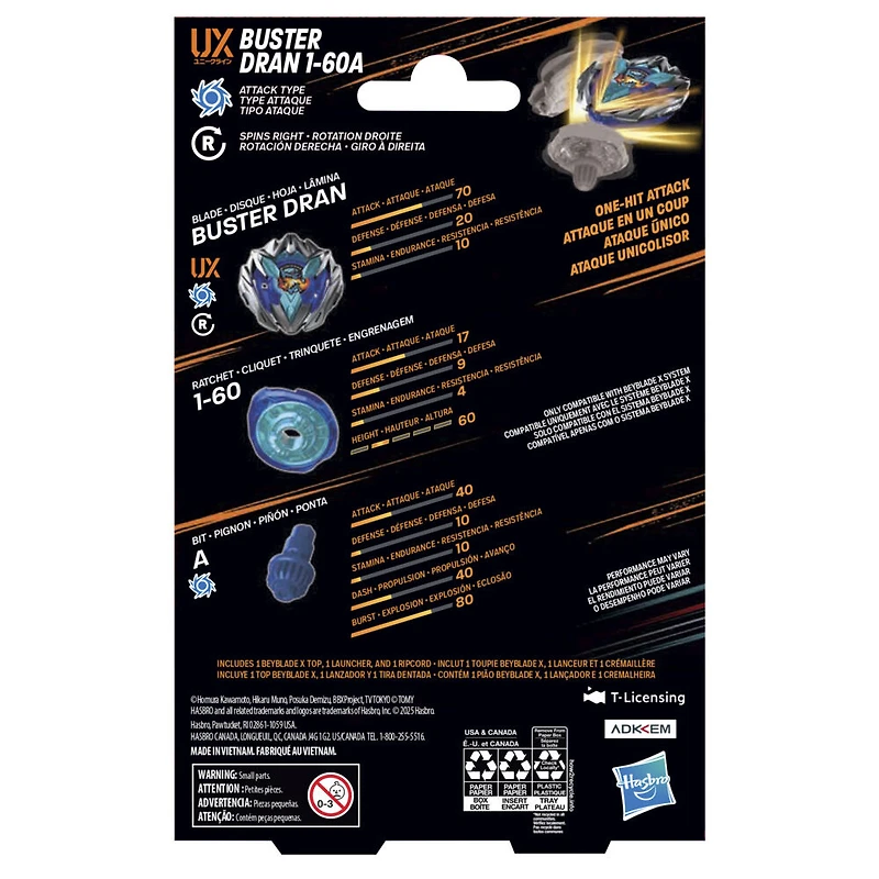 Beyblade X Starter Pack Buster Dran 1-60A UX avec toupie et lanceur