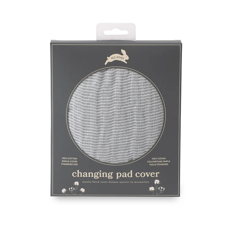 Housse de Matelas à Langer en Mousseline de Coton Red Rover - Grey Micro Stripe - Notre exclusivité