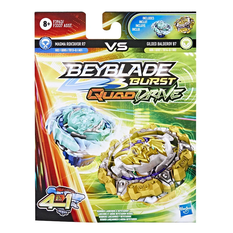 Beyblade Burst QuadDrive, Pack de 2 toupies de compétition Magma Roktavor R7 et Gilded Balderov B7