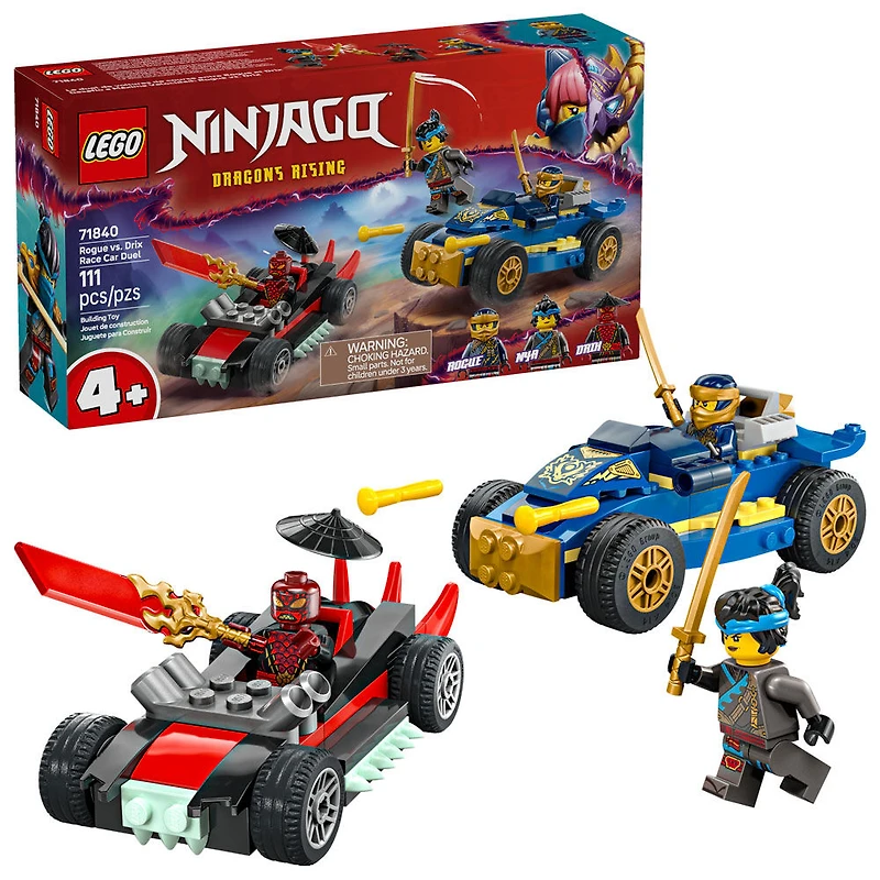 LEGO NINJAGO Le Duel de Voitures de Course entre Rogue et Drix, Ensemble de Jeu de Jouet de Ninja avec 3 Figurines Incluant Nya 71840