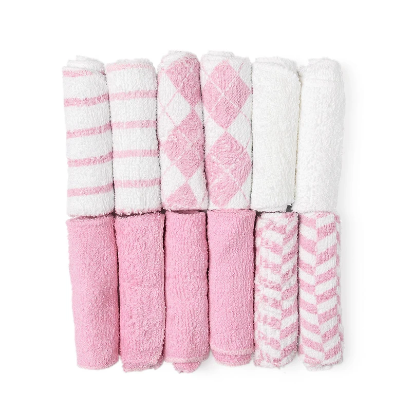 Jesse & Lulu Lot de 12 gants de toilette à thème Argyle : rose