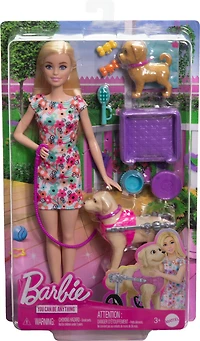 Barbie Doll with a Toy Pup and Dog in a Wheelchair, Plus Pet Accessories