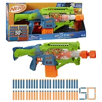 Nerf Elite 2.0, blaster Double Punch, 50 fléchettes Elite, 2 chargeurs 10 fléchettes, blaster motorisé