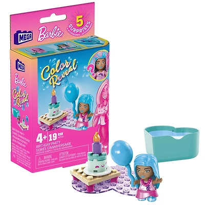 Mega Barbie Color Reveal Birthday Party Building Set with Micro-Doll & Accessories (19 pcs)