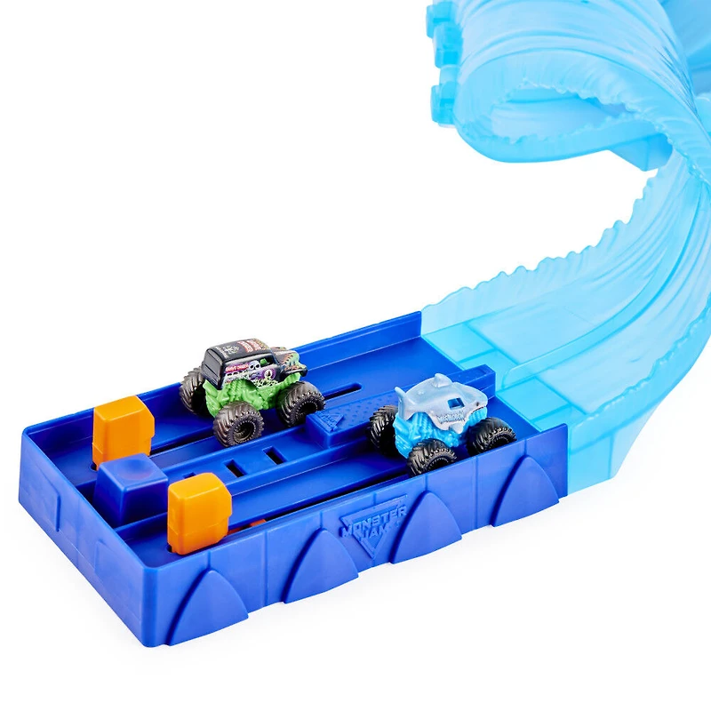 Monster Jam, Coffret de jeu Mini Megalodon Race and Chomp Playset, Avec 2 monster trucks Monster Jam Mini à l'échelle 1:87